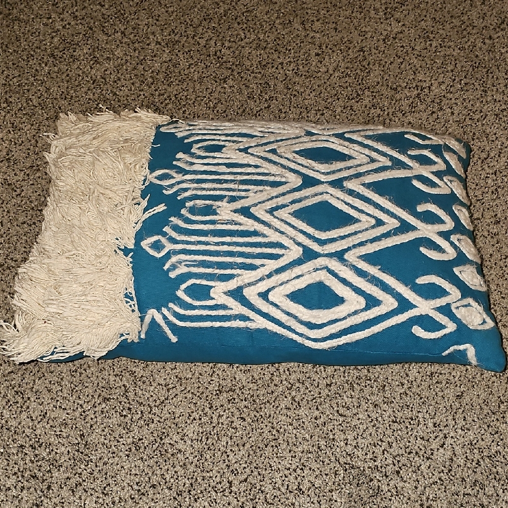 Thro Bright Cerulean Blue and White Tufted Embroidered Geometric Throw Pillow